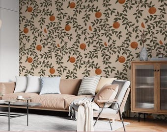 Vintage Wallpaper, Retro Wallpaper, Fruit Wall Covering, Citrus Wallpaper, Peel and Stick Kitchen Wallpaper, Removable Wallpaper
