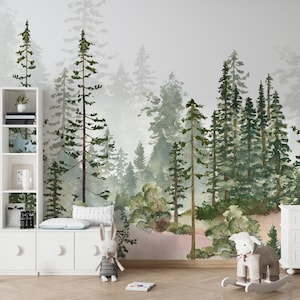 Carta da parati acquerello staccabile e attaccabile, carta da parati boschiva, carta da parati con alberi, murale da parete con foresta, decorazione per cameretta dei bambini boschiva, carta da parati per cameretta dei bambini