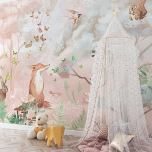 Decorazione per cameretta dei bambini Woodland, carta da parati Woodland staccabile e adesiva, carta da parati Forest Baby Nursery, carta da parati Woodland Girl Nursery, Forest Nursery