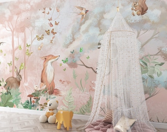 Woodland Nursery Decor, Woodland Wallpaper Peel and Stick, Forest Wallpaper Baby Nursery, Woodland Girl Nursery Wallpaper, Forest Nursery