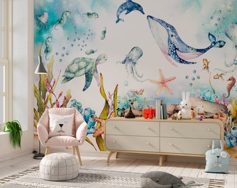 Ocean Wallpaper Peel and Stick, vivero temático oceánico, decoración de vivero oceánico, fondo de pantalla aby, decoración de vivero de ballenas, decoración inspirada en el océano