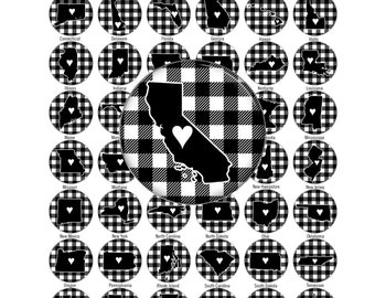 Buffalo Plaid / United States Maps / 50 States Silhouettes With Hearts / Digital Collage Sheets / Bottlecap Images 1 Inch / Instant Download
