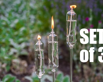 3 Planter Torches - Hand blown glass - Oil garden lamps
