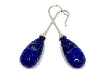 Lapis Lazuli Hook Earrings in Sterling Silver - Statement Earrings -  Blue Earrings - Lapis Lazuli Jewelry - Gift Idea for her