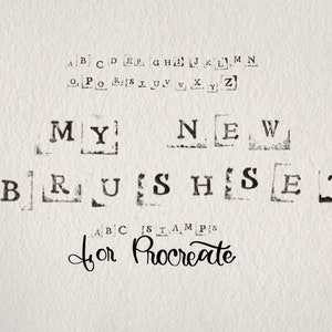 May include: A set of alphabet stamps with the words "My New Brush Set" and "for Procreate" printed below. The stamps are black and white and have a vintage look.