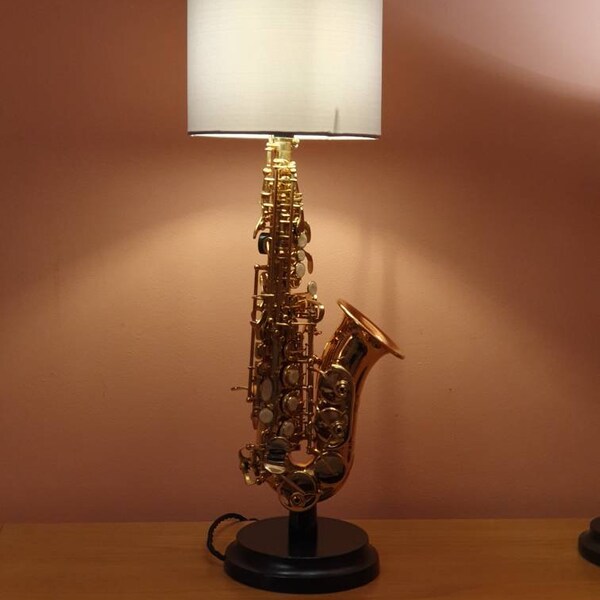 Saxophone Lamp, Soprano, handmade with black base, lampshade included