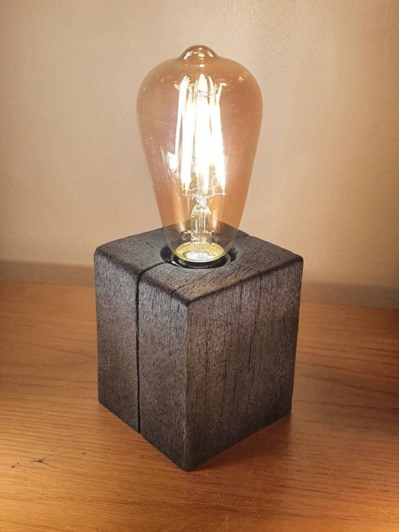 Charred Handmade Wooden Cube Lamps With Decorative Vintage E27 Bulbs Etsy Ireland