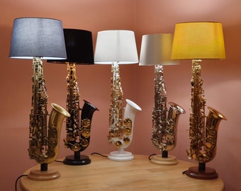 Handmade Alto Saxophone Lamps: Gold, Silver, Black, White, Satin Finish, Hardwood Base Options