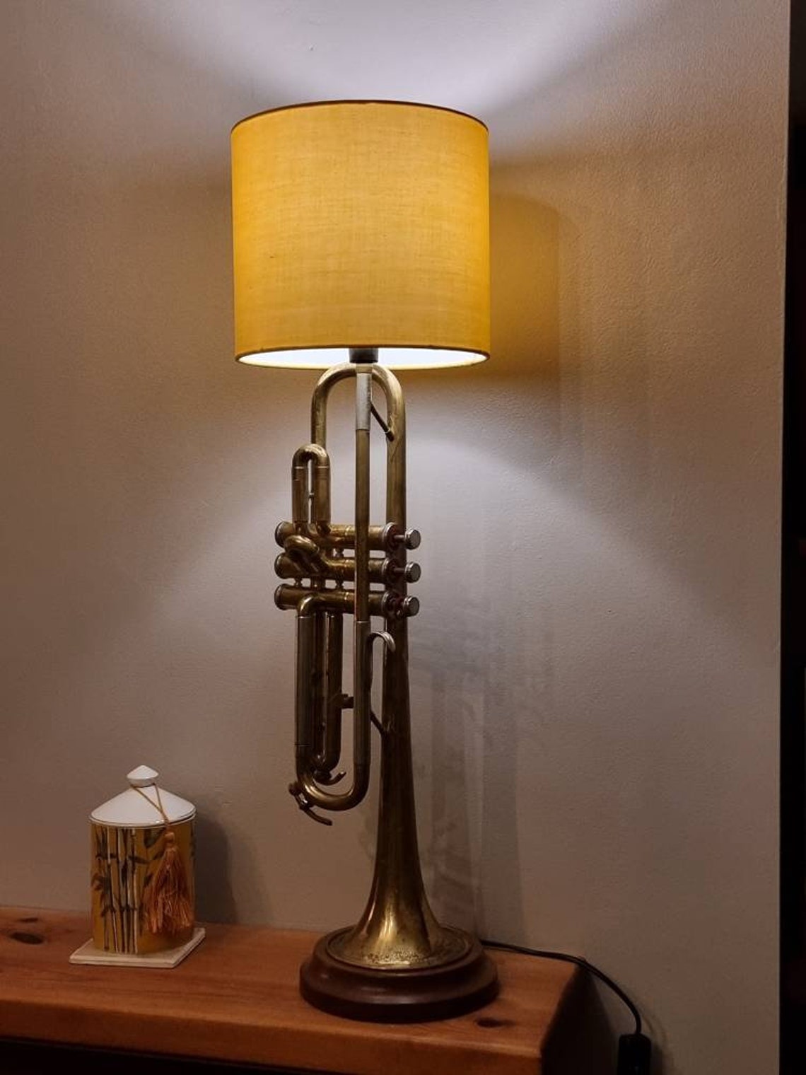 Upcycled Vintage Trumpet Lamp on Elegant Walnut Hardwood Base - Etsy
