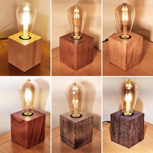 Wooden cube lamps with decorative vintage E27 bulbs, Handmade