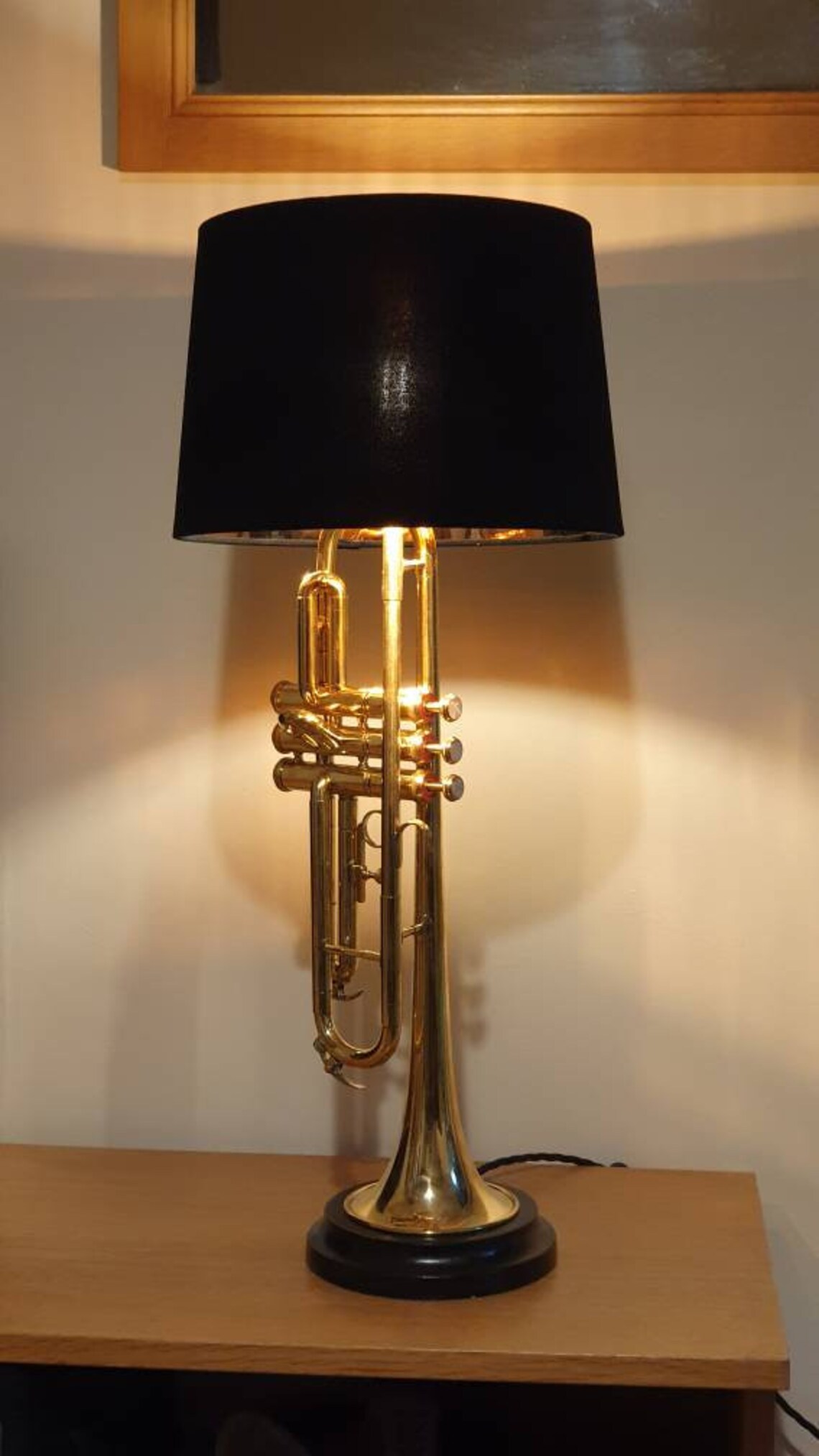 Gold / brass trumpet lamp with black gloss hardwood base new Etsy