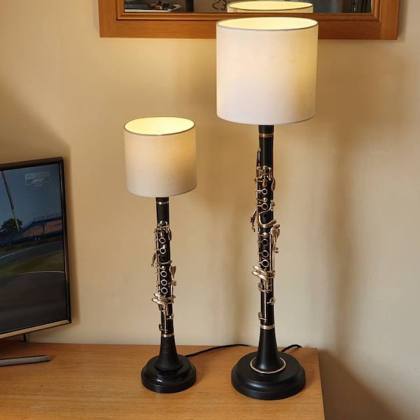 Clarinet Lamp, handmade with round black base, new & upcycled