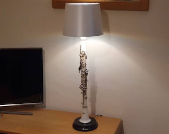 White Clarinet Lamp, handmade with round black base, new