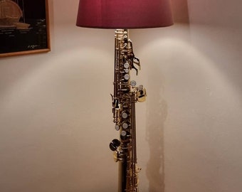 New Soprano Saxophone Lamp with Gold Finish and Hardwood Base
