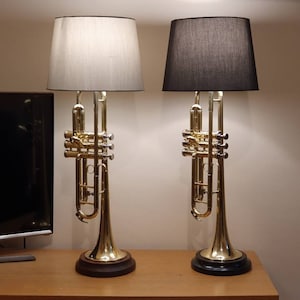 Trumpet lamp, Gold / brass with black gloss or walnut hardwood base, new
