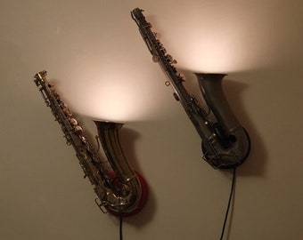 Saxophone wall light, uplight with colour changing bulb