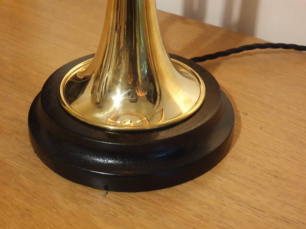 Gold / brass trumpet lamp with black gloss hardwood base new Etsy