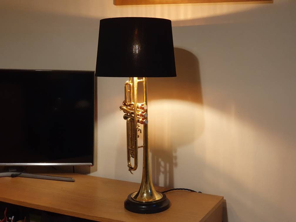 Gold / brass trumpet lamp with black gloss hardwood base new Etsy