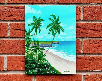 Lost paradise- original acrylic painting of an exotic beach with palm trees and turquoise water