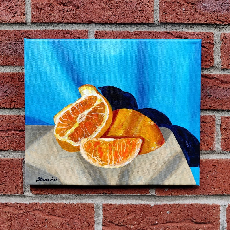 Orange on the table original acrylic painting image 1