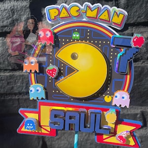 Gamer cake topper, arcade game topper, birthday custom cake topper, personalized, 80s arcade topper, P-Man topper