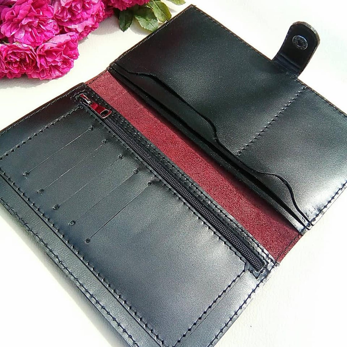 Women's leather wallet in Bordeaux. Large leather wallet Etsy