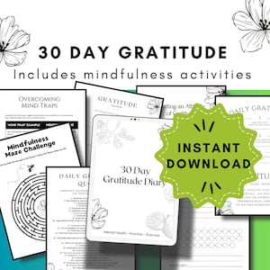 Digital druckbares 30 Tage Journal | 30 Tage Dankbarkeit Challenge | Dankbarkeit Tagebuch Journal | dankbare Herausforderung | Achtsamkeitslog