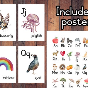 Tarjetas del alfabeto acuarela, actividad preescolar Charlotte Mason imprimible, descarga digital Montessori, decoración del aula, cartel del alfabeto,
