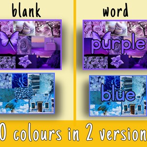 Puede incluir: Dos conjuntos de im&aacute;genes de collage, uno con la palabra "purple" y el otro con la palabra "blue". Cada conjunto tiene 10 im&aacute;genes de diferentes tonos de morado y azul.