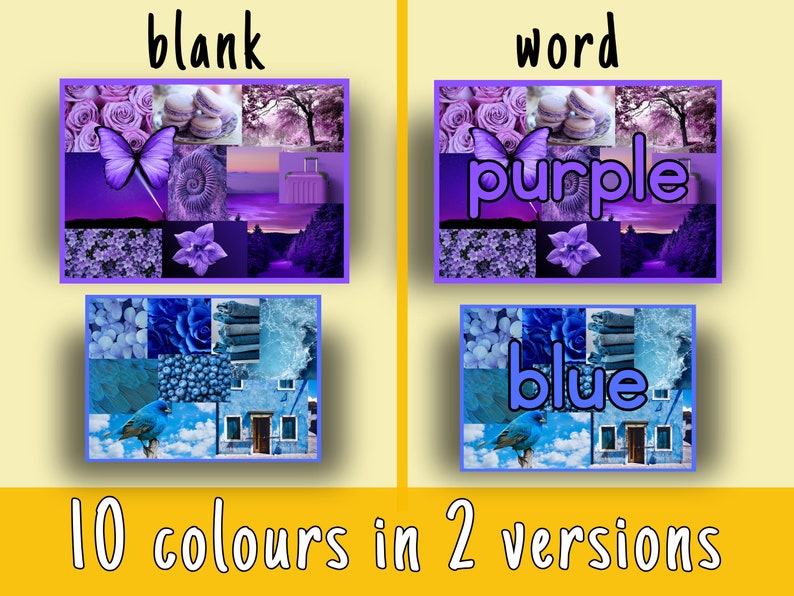 Puede incluir: Dos conjuntos de im&aacute;genes de collage, uno con la palabra "purple" y el otro con la palabra "blue". Cada conjunto tiene 10 im&aacute;genes de diferentes tonos de morado y azul.