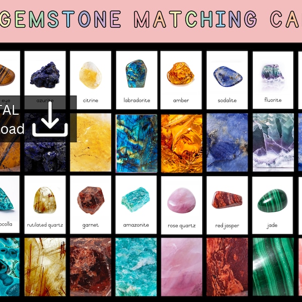 Gemstones Printable flashcards | Minerals and Crystals Matching Montessori Materials | Geology rocks for kids | Homeschool rock tumbling