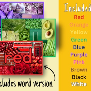 Puede incluir: Un collage de im&aacute;genes que representan diferentes colores, incluyendo rojo, naranja, amarillo, verde, azul, morado, rosa, marr&oacute;n, negro y blanco. La palabra "rojo" se muestra en letras grandes y negritas sobre un fondo rojo.
