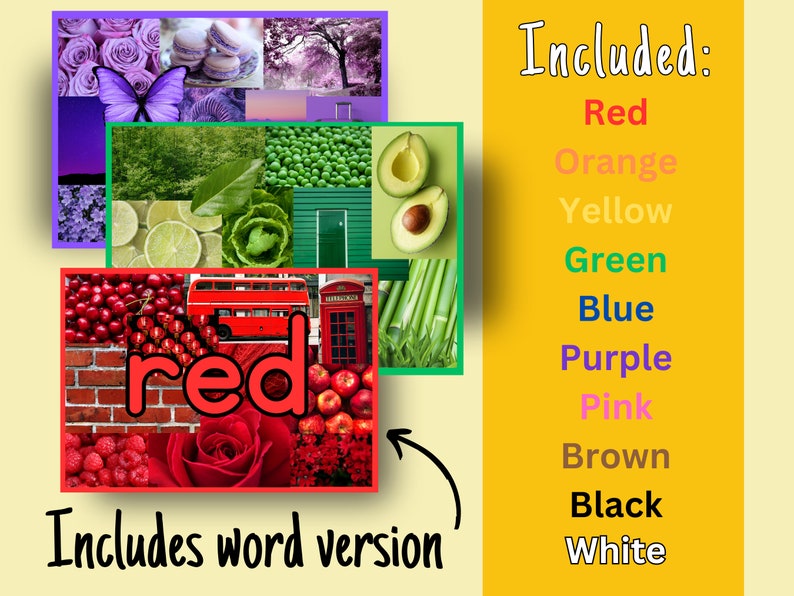 Puede incluir: Un collage de im&aacute;genes que representan diferentes colores, incluyendo rojo, naranja, amarillo, verde, azul, morado, rosa, marr&oacute;n, negro y blanco. La palabra "rojo" se muestra en letras grandes y negritas sobre un fondo rojo.