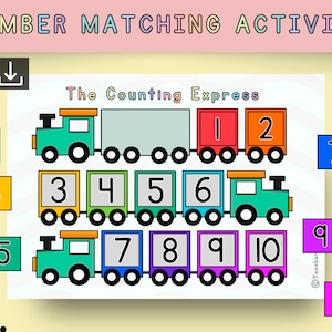 May include: A printable number matching activity for kids featuring a colorful train with number cars. The numbers 1 through 10 are included on the train cars and on separate squares.