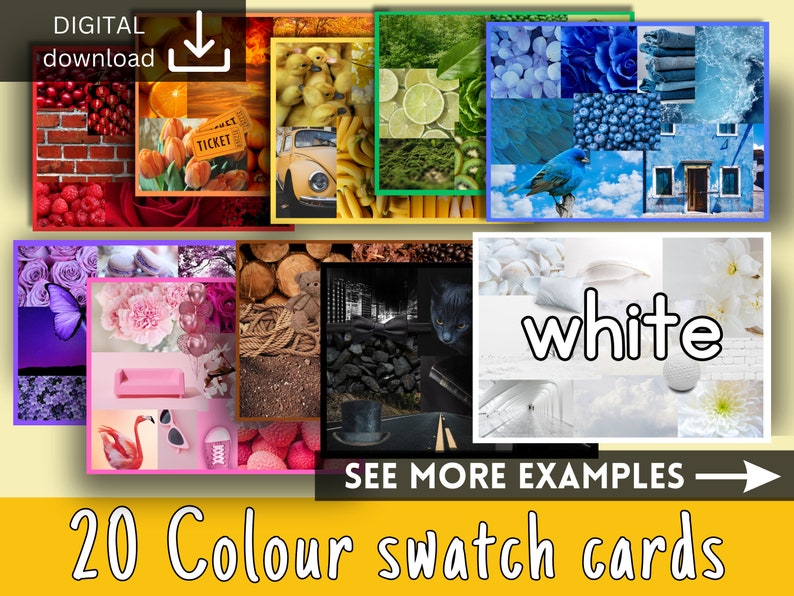 Puede incluir: Un conjunto de 20 tarjetas de muestra de color, cada tarjeta presenta un collage de im&aacute;genes que representan un color diferente. Los colores incluyen rojo, naranja, amarillo, verde, azul, morado, rosa, marr&oacute;n, negro y blanco. Las tarjetas est&aacute;n etiquetadas con el nombre del color y la palabra "blanco" se destaca en un c&iacute;rculo blanco.