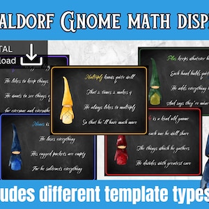 May include: A set of printable Waldorf gnome maths display cards featuring colourful gnomes with chalkboard backgrounds and maths-themed rhymes. The text on the cards includes "Plus keeps whatever he can find", "Each hand holds quite a heap", "He adds everything he finds", "And says they're mine to keep", "Minus is a kind old gnome", "Each one he will share", "The things which he gathers", "He divides with greatest care", "Multiply knows quite well", "That 2 times 2 makes 4", "He always likes to multiply", "So that he'll have much more", "He likes to keep things", "He wants to see things", "For everyone and everywhere", "Mines is", "He loses everything", "His ragged pockets are empty", "For he subtracts everything".