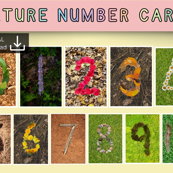 Nature number cards | loose parts cards | number recognition | printable download | Montessori Reggio classroom | forest school ideas