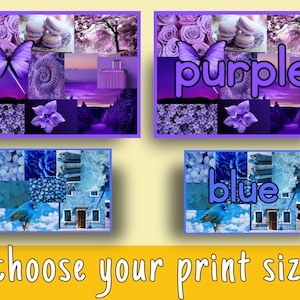 Puede incluir: Dos im&aacute;genes de collage, una con morado y la otra con azul, cada una con una variedad de im&aacute;genes y la palabra "morado" o "azul" en letras grandes.