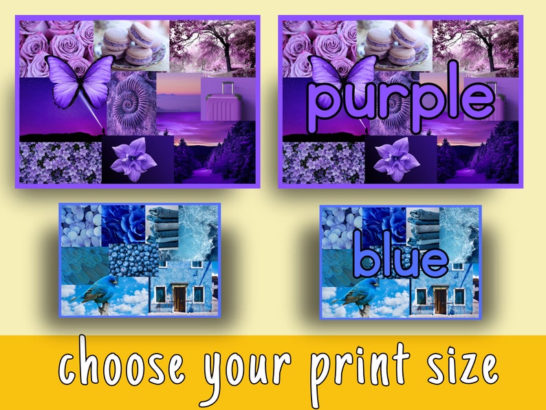 Puede incluir: Dos im&aacute;genes de collage, una con morado y la otra con azul, cada una con una variedad de im&aacute;genes y la palabra "morado" o "azul" en letras grandes.