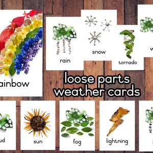 peças soltas brincar com o clima aprendendo cartões flash da natureza inspirados em Montessori Reggio, gráfico meteorológico independente, arte transitória da escola florestal