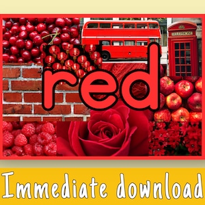 Puede incluir: Un collage de objetos rojos, incluyendo cerezas, una pared de ladrillo rojo, un autob&uacute;s de dos pisos rojo, una cabina telef&oacute;nica roja, una rosa roja, frambuesas rojas y linternas rojas. La palabra "rojo" est&aacute; escrita en letras grandes y negritas en el centro de la imagen.