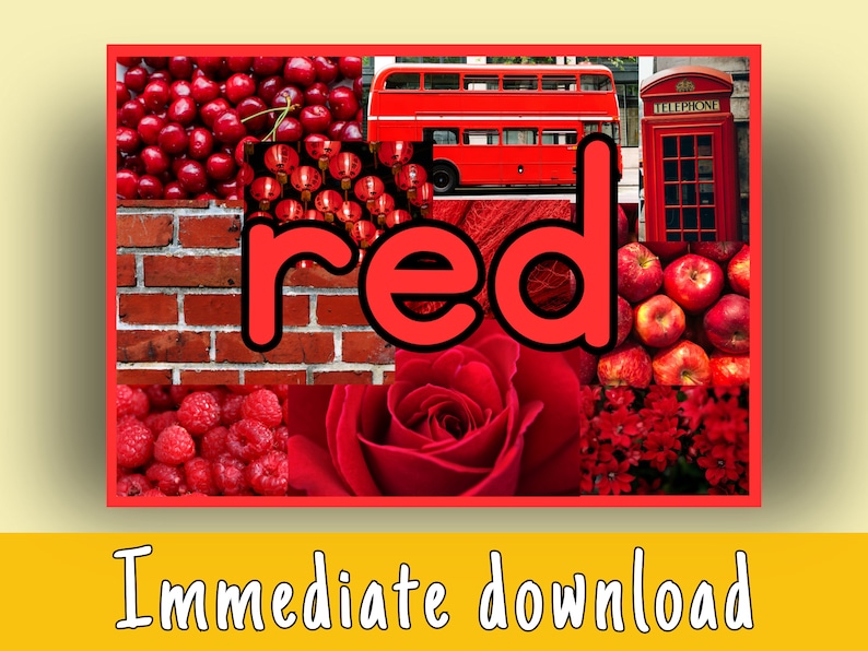Puede incluir: Un collage de objetos rojos, incluyendo cerezas, una pared de ladrillo rojo, un autob&uacute;s de dos pisos rojo, una cabina telef&oacute;nica roja, una rosa roja, frambuesas rojas y linternas rojas. La palabra "rojo" est&aacute; escrita en letras grandes y negritas en el centro de la imagen.
