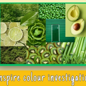 Puede incluir: Un collage de im&aacute;genes verdes, que incluyen limas, kiwi, aguacate, bamb&uacute; y una puerta verde. Las im&aacute;genes est&aacute;n dispuestas en una cuadr&iacute;cula. El texto "Inspire colour investigation" est&aacute; en la parte inferior de la imagen.