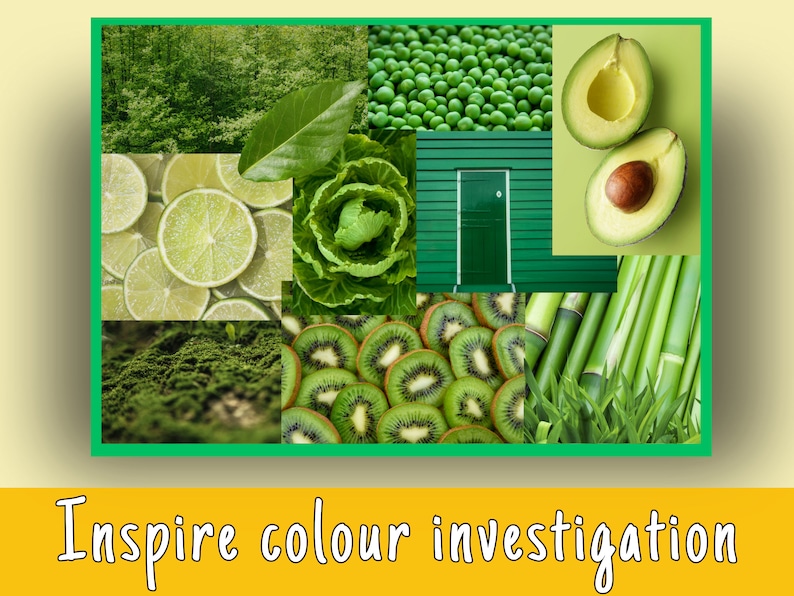 Puede incluir: Un collage de im&aacute;genes verdes, que incluyen limas, kiwi, aguacate, bamb&uacute; y una puerta verde. Las im&aacute;genes est&aacute;n dispuestas en una cuadr&iacute;cula. El texto "Inspire colour investigation" est&aacute; en la parte inferior de la imagen.