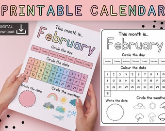 12 Printable Preschool Calendar Worksheet Pages | Month, Day, Date, Weather | Monthly Digital Calendar | Interactive Homeschool Notebook