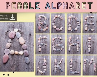 Pebble alphabet cards printable | nature letters digital download | EYFS resource Montessori Reggio classroom | loose parts alphabet display