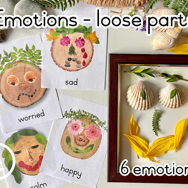 loose parts play emotions activity, feelings flashcard, Reggio inspired, independent mood cards  transient art, behaviour regulation