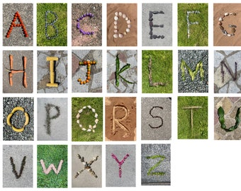 Nature alphabet cards printable loose parts letter resource Montessori Reggio lettering display loose parts flash cards