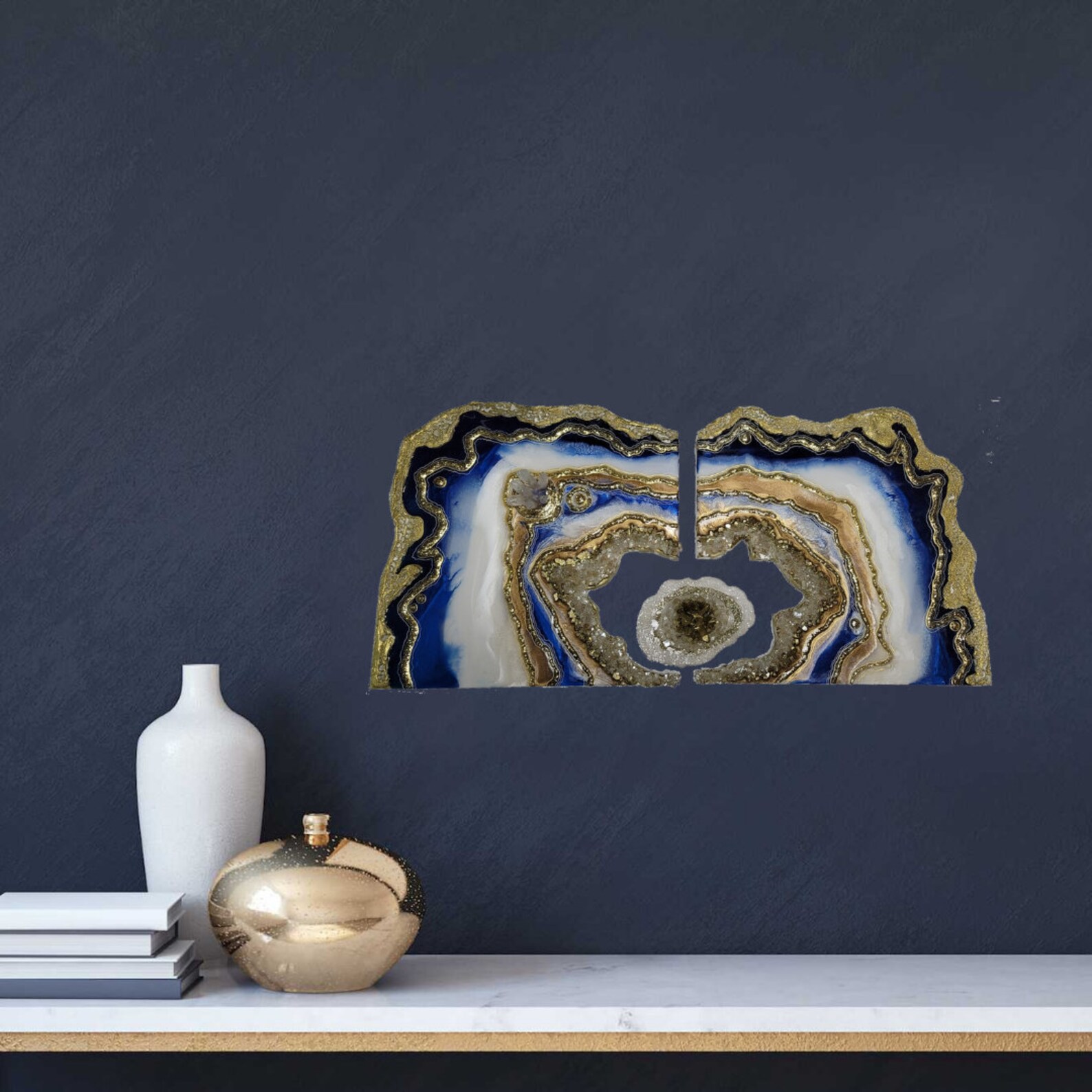 Blue and Gold Geode Wall Art With Floating Resin Agate Slice Etsy