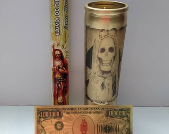 Santa Muerte Gold bundle. Santa Muerte candle.millon gold amuelet.incense dinero a Santa Muerte prepared offering package.
